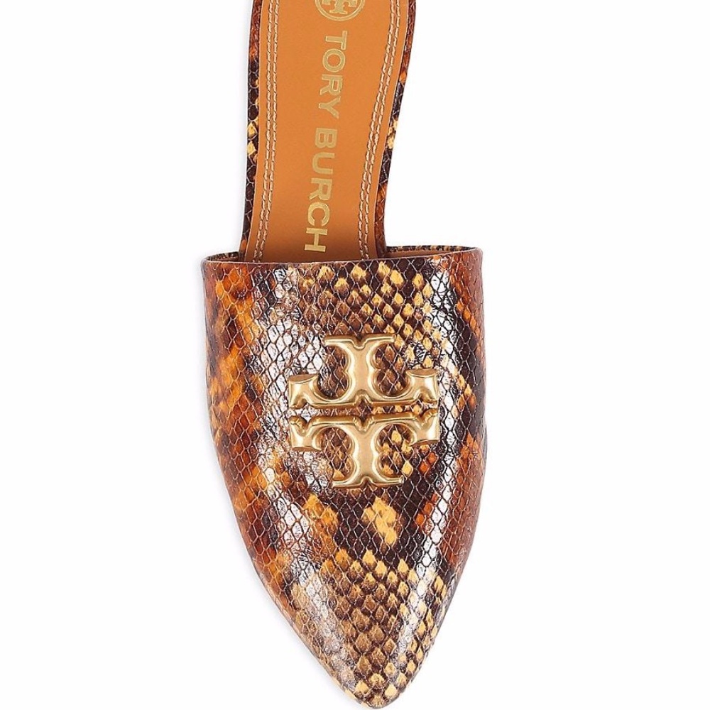 Tory Burch Eleanor Snake-Embossed Leather Mules in Dark Caramel